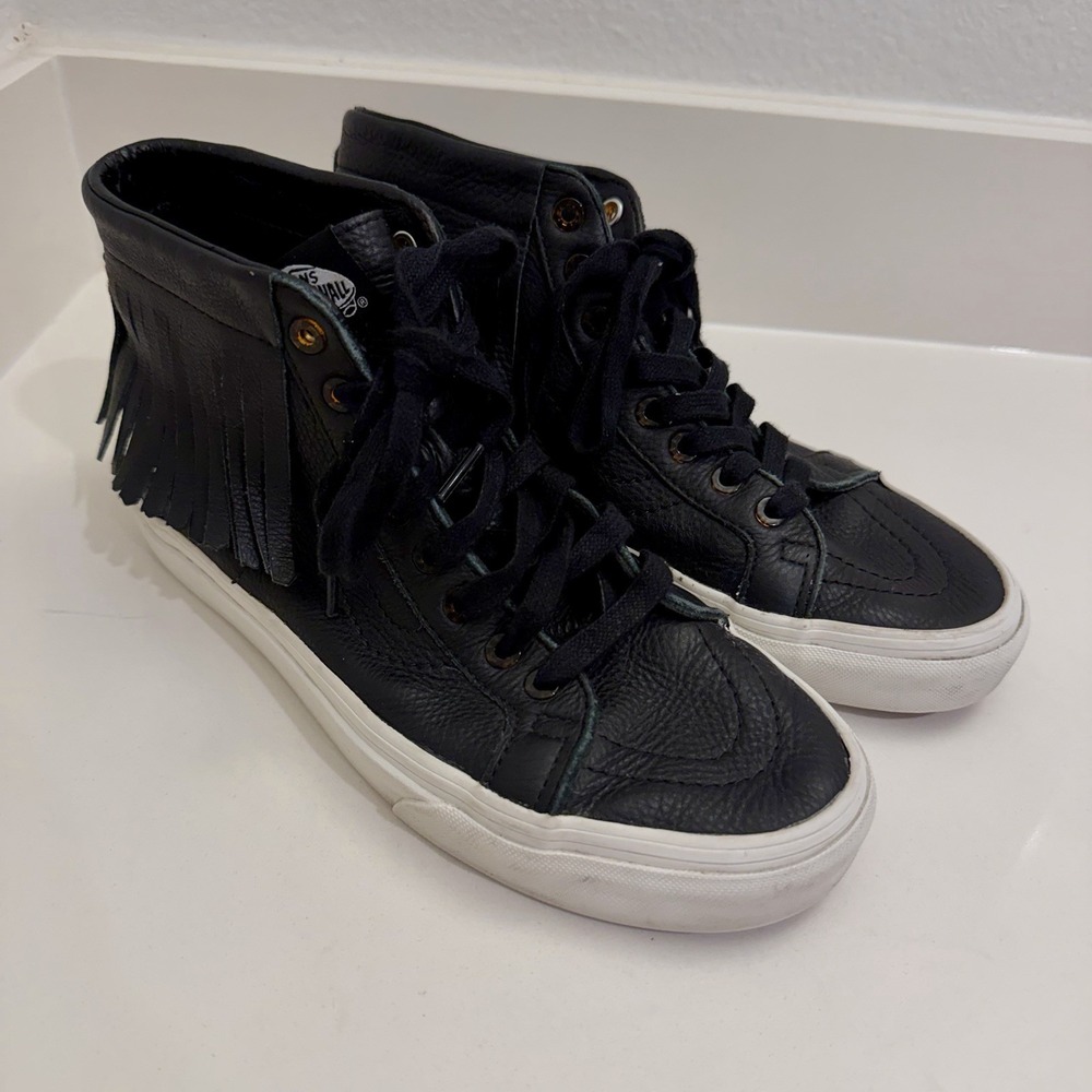 Vans Sk8-Hi Moc Black Leather Fringe Shoes Men 7.5 Women 9 High Top Sneakers EUC